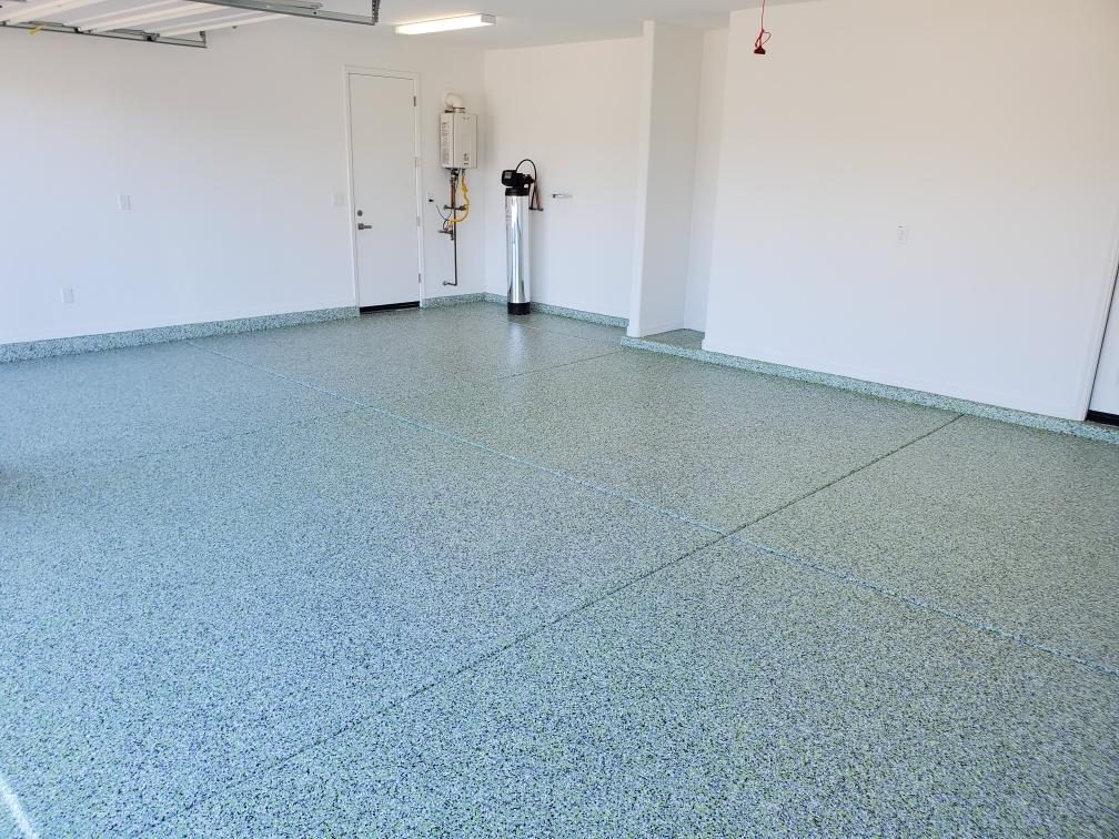 Polyaspartic garage floor — blue green chip flake — East Valley, AZ