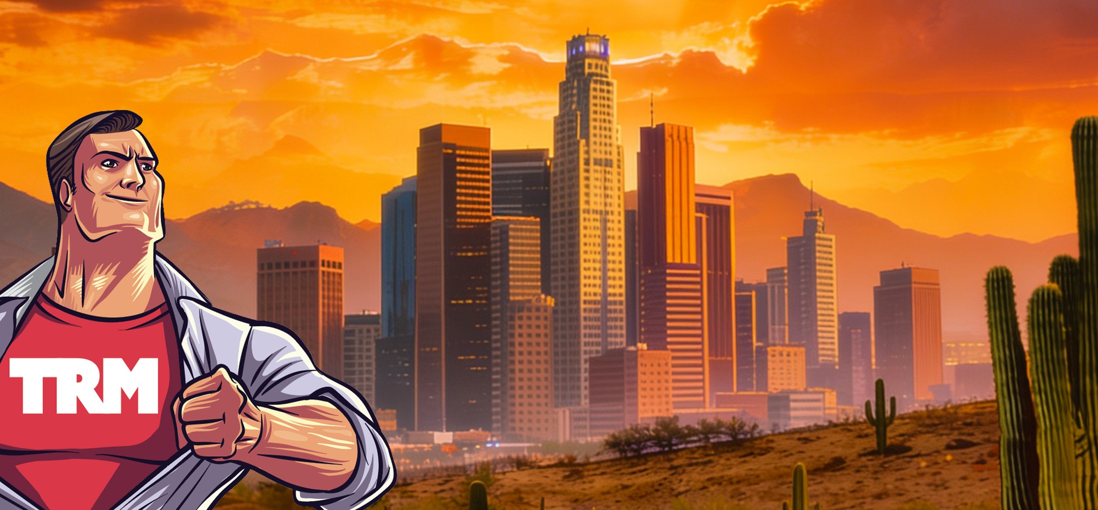 TRM Garage Floors mascot tearing open his shirt revealing the TRM logo, standing in front of the East Valley Arizona skyline at sunset with mountains and desert cactus